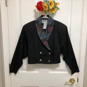 Double Breasted Black Jacket with Tapestry Collar